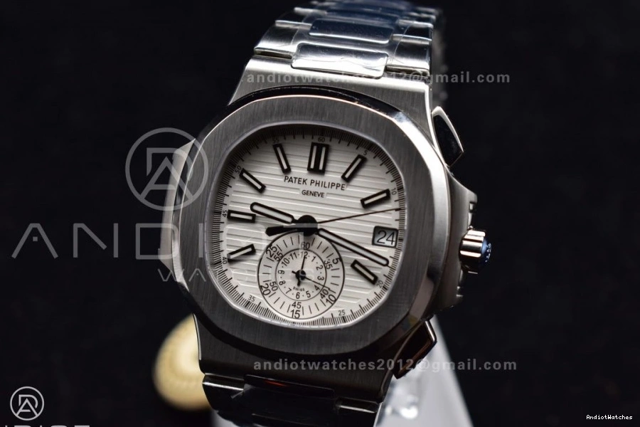 Mod SS Nautilus PPF Stk Wht Chrono Cozy A7750 5980 SS Date 435 0306